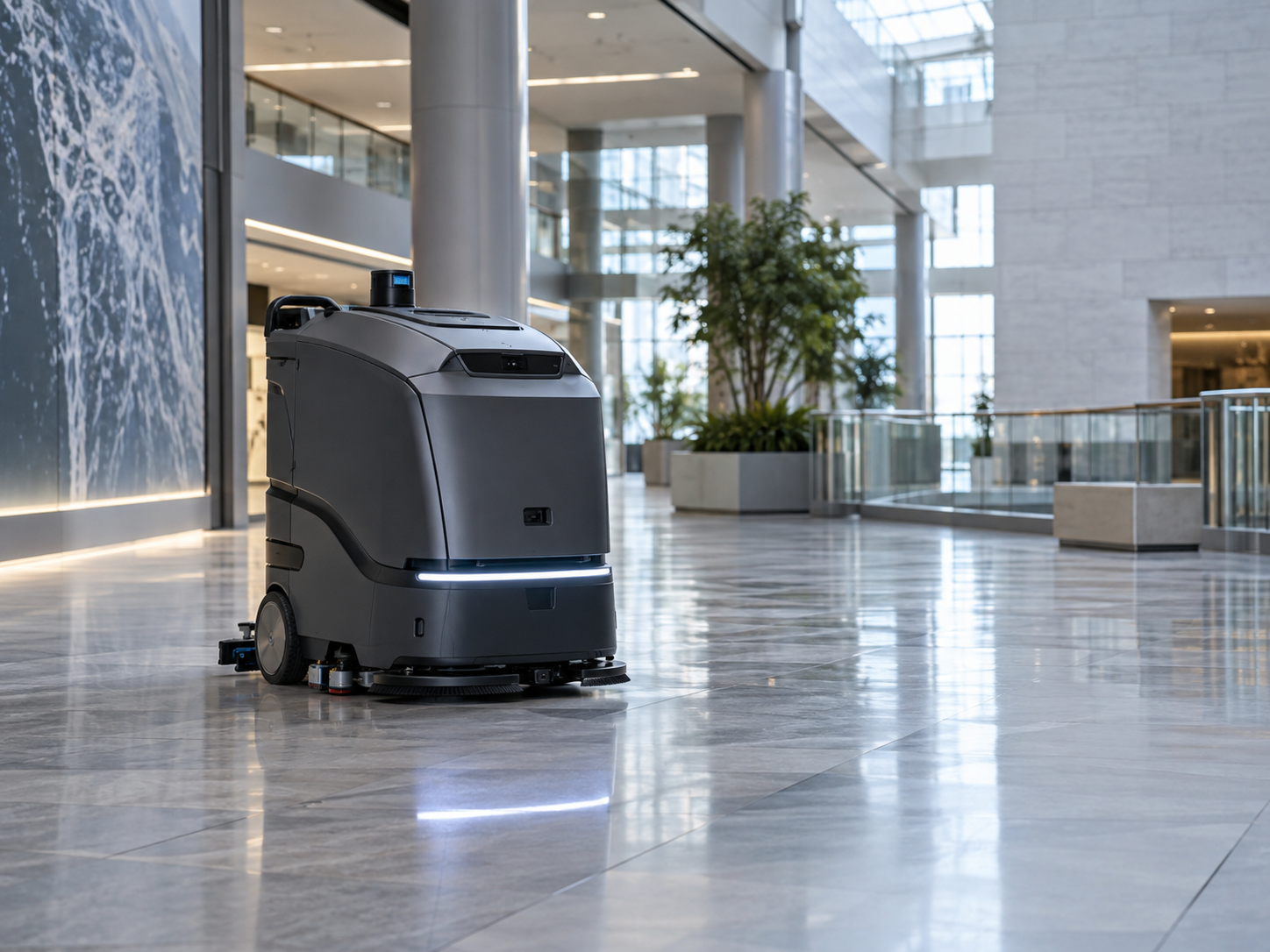 Autonomous cleaning machine in a modern public commercial area